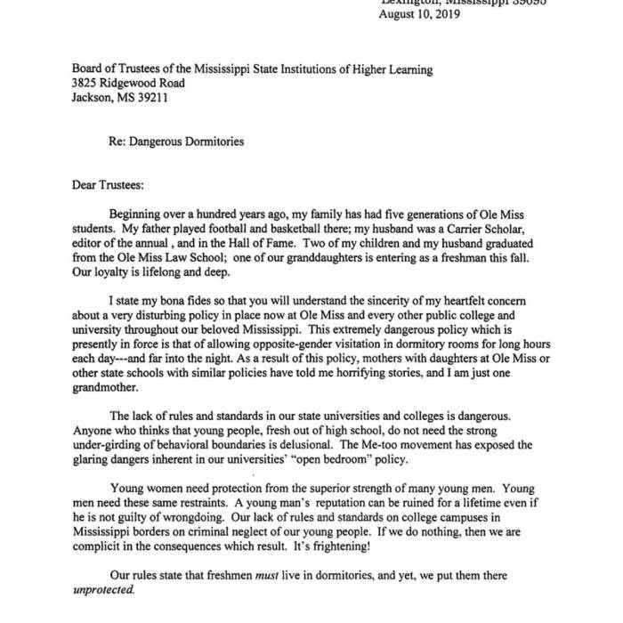 Letter to Board of Trustees IHL | Safe Dormitories Association Gallery Image